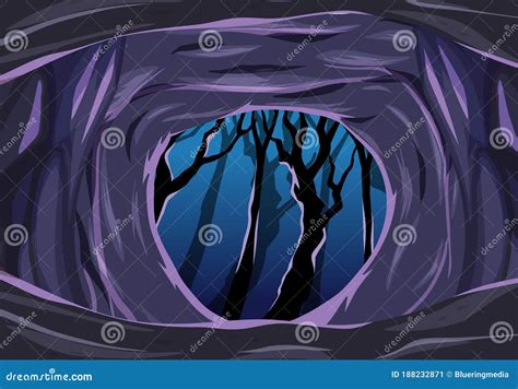 Dark Cave With Some Dark Tree Cartoon Style Scene Stock Vector
