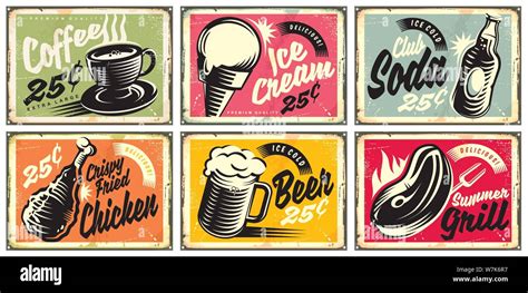 Food And Drinks Vintage Restaurant Signs Collection Set Of Retro