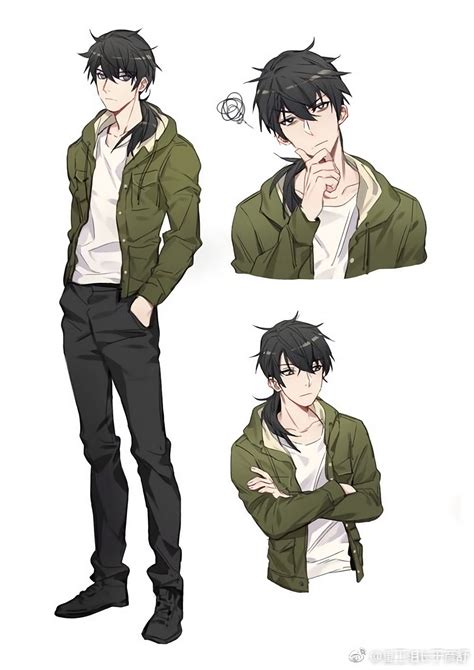 An Anime Character With Black Hair And Green Jacket Standing In Front Of White Background