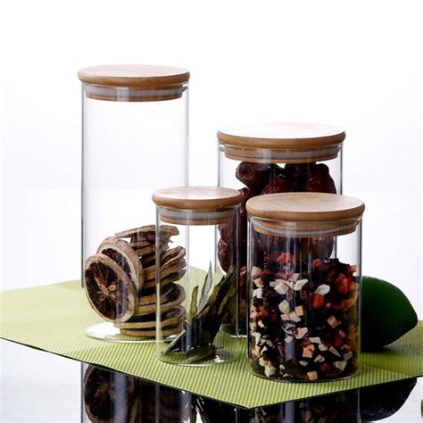 Custom High Borosilicate Glass Storage Jar For Tube Shaped Glass Storage Jar With Wooden Lid