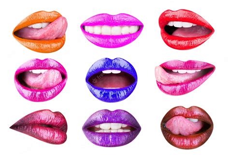 premium photo set of womens lips with glossy lipsticks multicolored lip tongue sexy colored