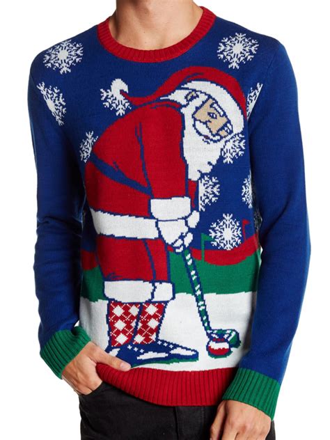 Ugly Christmas Sweater Mens Blue Golfing Santa Claus Pullover Ugly