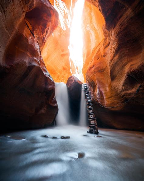 A Slot Canyon In Utah With A Waterfall And A Ladder 4000x5000 Oc