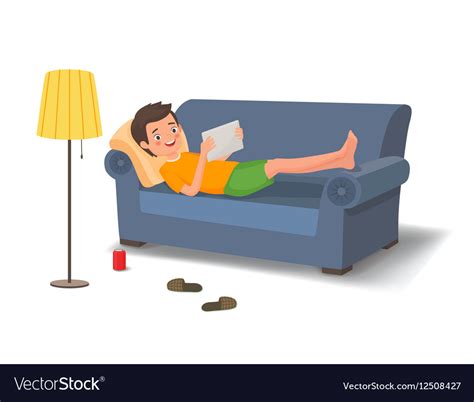 Young Man Lying On Couch With A Tablet Royalty Free Vector