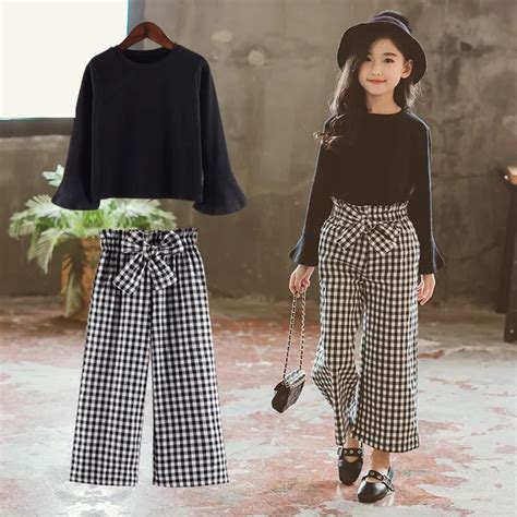 2019 Fashion Clothing Sets For Girls Black Tops Grid Style Wide Legged
