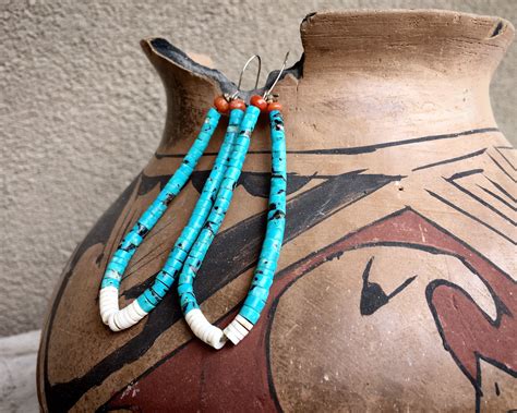 1970s Long Turquoise Heishi Earrings With White Shell Jacla Native