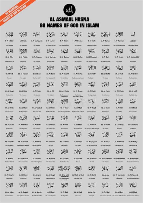 99 Names Attributes Of Allah God In Islam In Arabic Stock Vector
