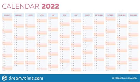 The 2022 Calendar Planner Template With Vertical Monthly Columns Stock