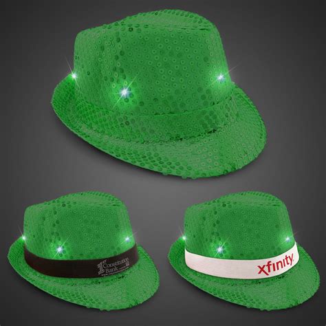 Green Sequin Led Fedora Hats Imprintable Bands Available