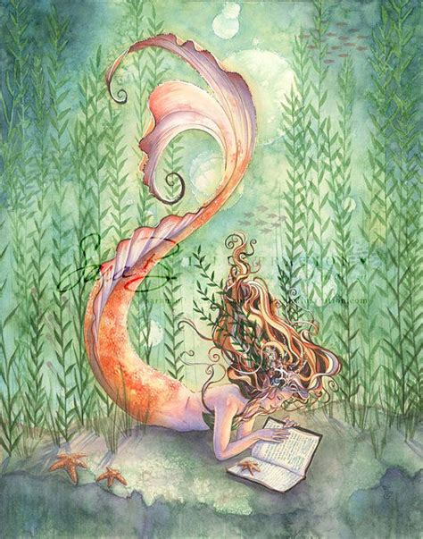 Goldfish Mermaid With Book Print Seaweed Seashells And Starfish