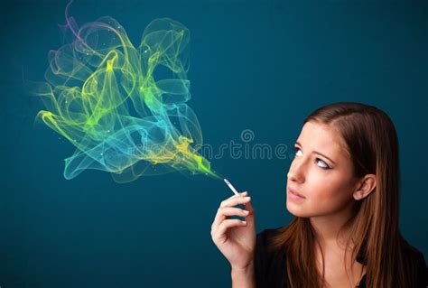 Pretty Lady Smoking Cigarette With Colorful Smoke Stock Photo Image