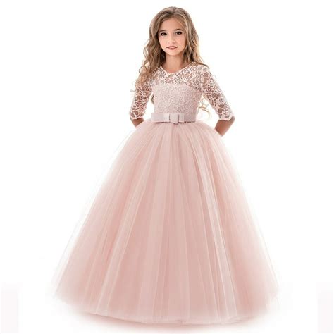 Kids Girls Long Sleeve Formal Lace Floral Princess Dress Birthday