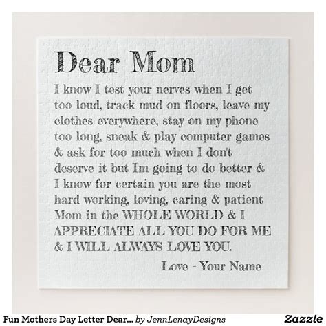 Fun Mothers Day Letter Dear Mom Typography Jigsaw Puzzle Happy Mothers