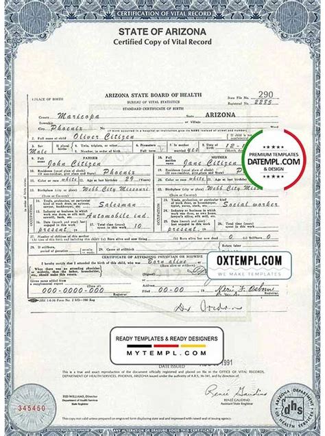 Usa Arizona State Birth Certificate Template In Psd Format Fully Editable