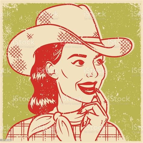 Retro Screen Print Of A Thoughtful Cowgirl Stock Illustration