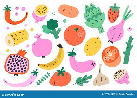 Vegetable And Fruit Bundle Collection Of Cute Doodle Food Illustration