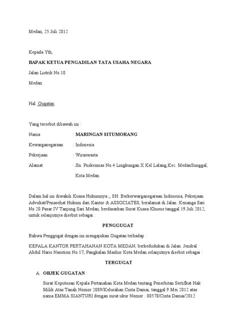 Apakah diantara kalian sudah ada yang pernak membuat surat kuasa? Contoh Surat Gugatan Ptun Sengketa Tanah