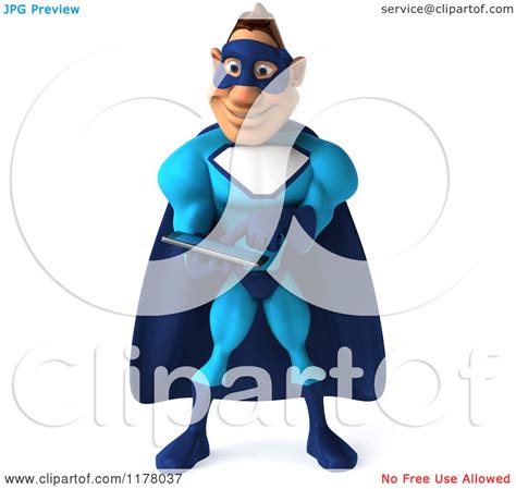 Clipart Of A 3d White Super Hero Man In A Blue Costume Using A Tablet