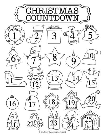 Christmas Countdown Printable Coloring Christmas Calendar Mrs Merry