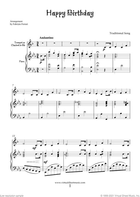 Free Happy Birthday Sheet Music For Trumpet Or Clarinet And Piano