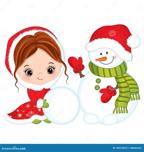 Vector Cute Little Girl With Snowman Stock Vector Illustration Of