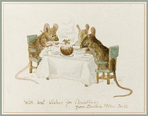 Beatrix Potter Three Mice Seated At A Table About To Devour A Christmas