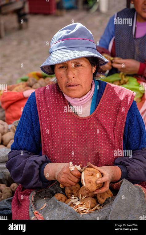 Peru Public Market Portrait Of Peruvian Woman Town Of Pisac Vendors