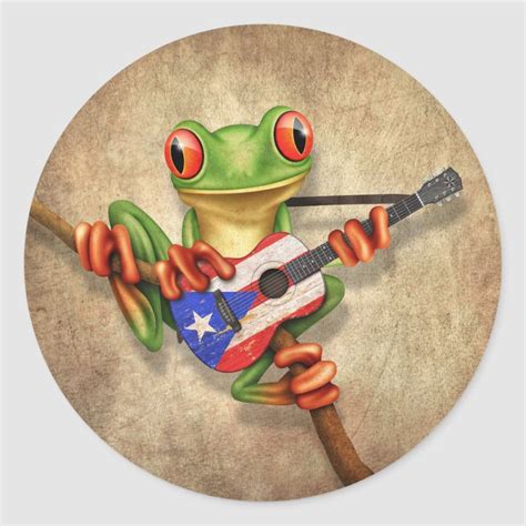 Tree Frog Playing Puerto Rico Flag Guitar Classic Round Sticker