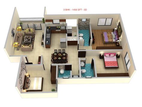 3 Bhk 1456 Sft Floor Plan In 3d House Layout Plans Model House Plan