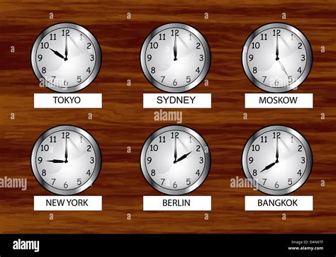 Modern Wall Clocks Showing Different Time Zones Of Wo