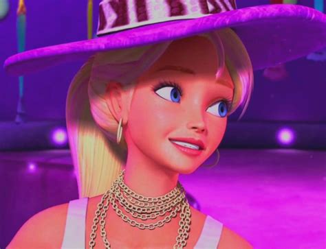 The Barbie Doll Is Wearing A Purple Hat And Gold Chains On Her Neck While She Looks Into The
