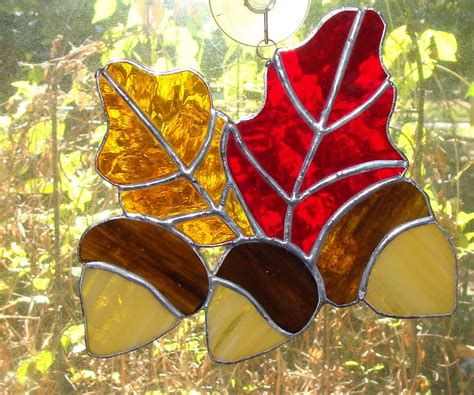 Autumn Leaves And Acorns Stained Glass Panel Fall Sun Catcher