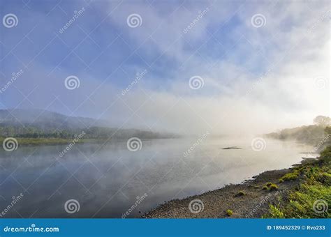 Early Foggy Morning Over The River Beautiful Summer Landscape Stock