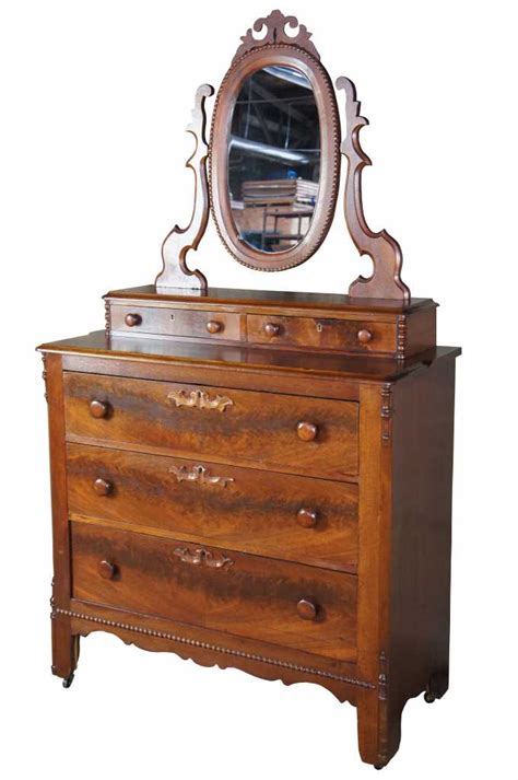 Antique Victorian Walnut Burl Dresser Chest W Mirror Step Back Glovebox Drawers