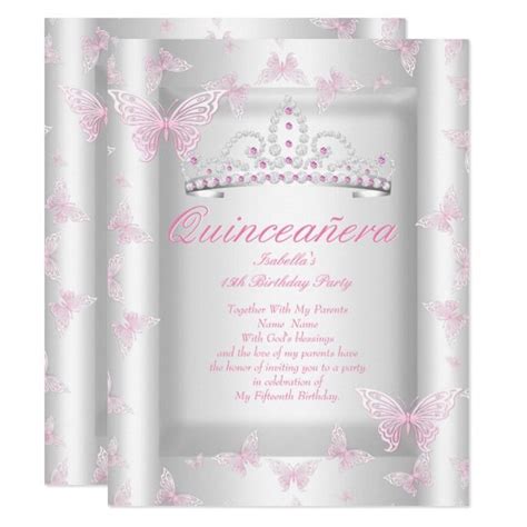 Pretty Pink Quinceanera Party Tiara Butterfly Invitation Ad Spon