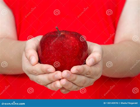 Manos Que Sostienen La Manzana Roja Con El Fondo Rojo Foto De Archivo