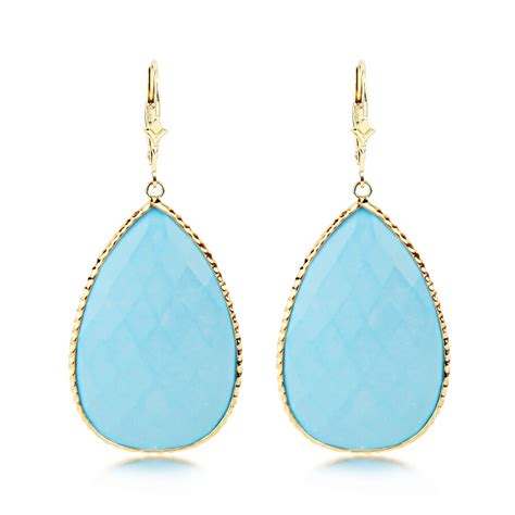 14K Yellow Gold Gemstone Earrings With Pear Shaped Turquoise Dangle EBay