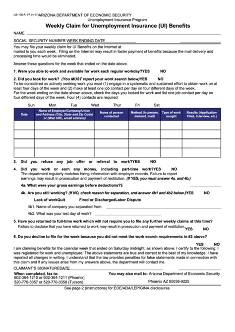 Unemployment Weekly Claim Form Fillable Form Ub 106 A Ff