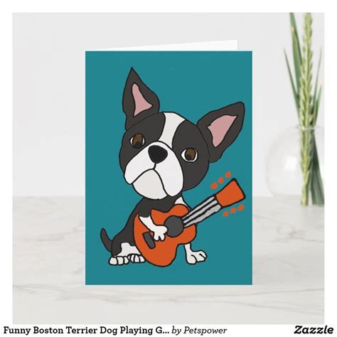 Funny Boston Terrier Dog Playing Guitar Art Card Boston