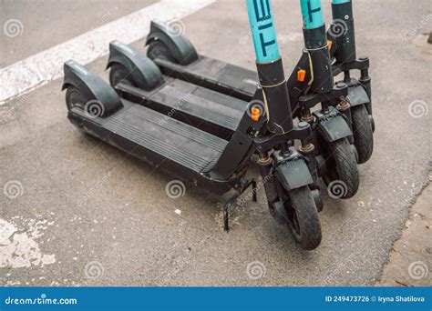 Modern Electric Scooter Parking On The Street Stock Photo Image Of