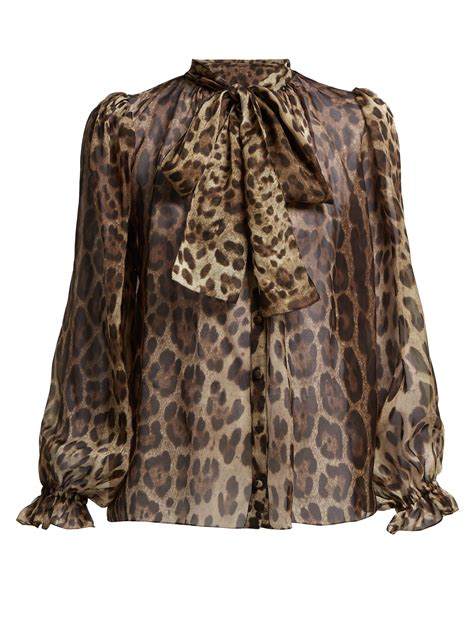 dolce and gabbana leopard print pussy bow silk blouse in brown lyst