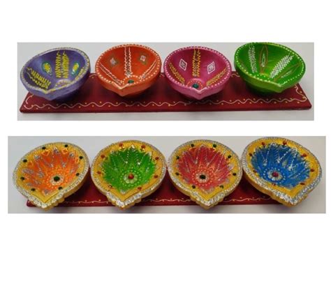 6 Sets 24 Pcs Decorative 4 Earthen Clay Diya Strip For Diwali