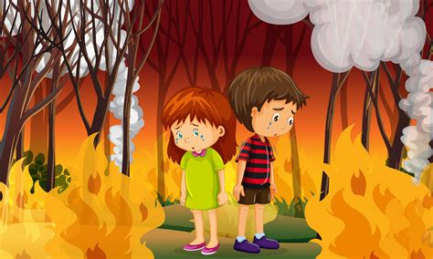 Niños Tristes En El Bosque De Incendios Forestales 373370 Vector En
