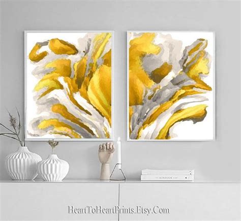 Yellow Gray Abstract Painting Set Of 2 Prints Printable Wall Etsy