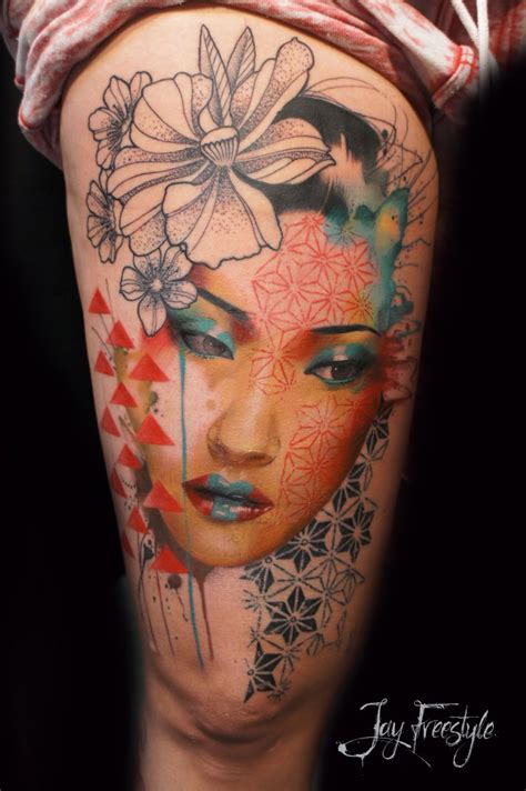 Neo Japanese Style Half Colored Thigh Tattoo Of Woman Face With Ornaments And Flower