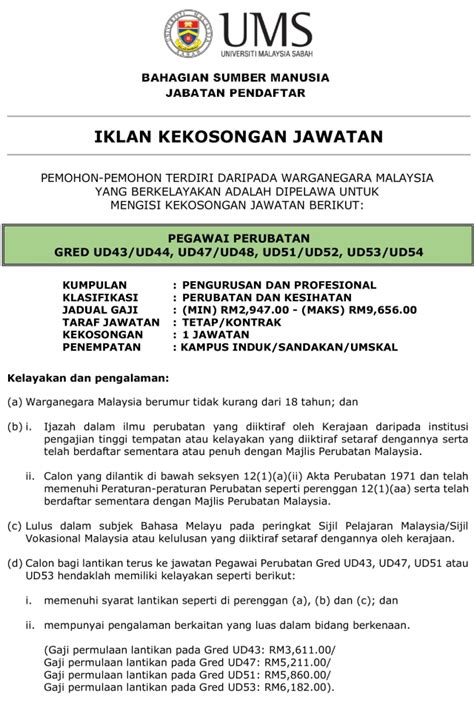 Tarikh tutup permohonan adalah pada 26 jun 2019. Iklan Jawatan Kosong Terkini di Universiti Malaysia Sabah ...