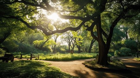 An Image Of A Tree Park With Sun Shining Through The Trees Background