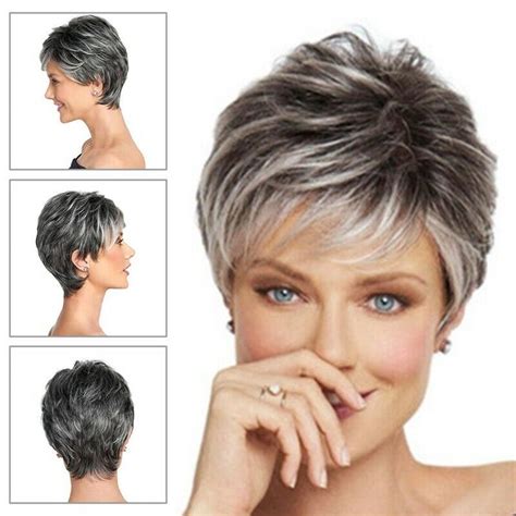 Short Pixie Cut Ombre Silver Grey Wigs Natural Gray Hair Short Wig Hono