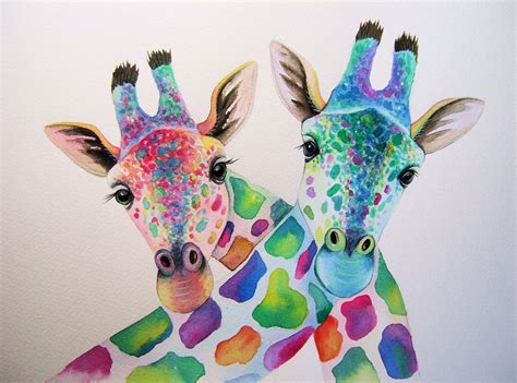 Two Giraffes Watercolour Painting Giraffe Art Giraffe