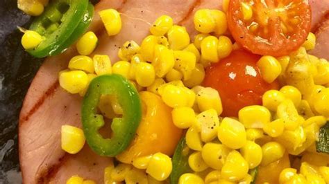 Grilled Ham Steak With Corn And Hot Peppers Recipe The Chew Abc Com